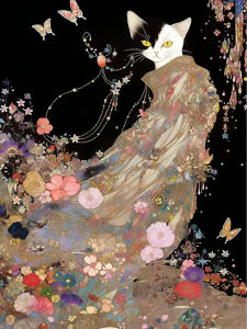 Jigsaw Puzzle 1000PCS Mysterious Black Cat Sitting Among Flowers With Flying Butterfly For Adults Stress Relief Relaxing Gift