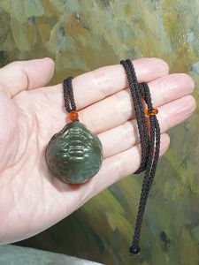 Premium Nephrite 2 tones bluish green caramel brown hand carved Dragon-Tortoise Jade pendant/handheld (with certificate) 和田玉且末蓝调青白糖双色全手工雕刻龙龟吊坠/手把(带证书)