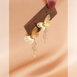 Golden Butterfly Sequin Tassel Earrings Women Fashion Luxury Elegant Ear Jewelry Clip-On No Piercing Required Alloy/Dipped Silver