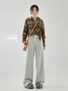 กางเกงขายาวทรงหลวมเอวสูงสำหรับผู้หญิง สีเทา ทรงสลิมฟิต กางเกงขายาวทรงขากระบอก ทรงหลวม ทรงหลวม กางเกงขายาวทรงหลวม