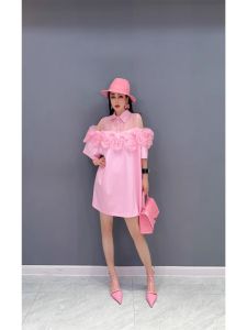 Spring 2025 Korean Style Pure Color Fresh Splice Mesh Mid-Length Dress Elegant Womens Clothing Commute Button Loose Waist