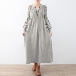 Original Design Womens Long Sleeve V-Neck Knitted Sweater Dress Bubble Sleeve Pure Color Base Layer Winter Fashion Dress