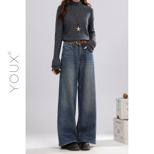 YOUXIANG | Quần Jeans Cao Waisted Phong Cách Retrò Mùa Đông Chống Lạnh Form Rộng