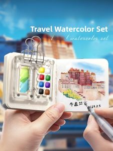 Mini Acrylic Watercolor Paint Set Travel Portable Childrens Sketchbook Transparent Solid Coloring Art Supplies Walnut Wood