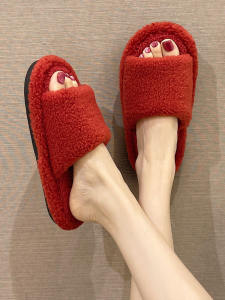 Red Indoor Slippers Womens Anti-Slip Fur Slippers Simple Roman Style Home Shoes Comfortable Breathable Cotton Slippers