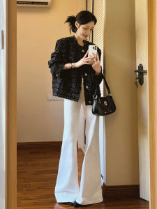 Quần Jeans Ống Loe Màu Trắng Cạp Cao Cho Nữ Quần Dài Dài Đến Sàn Thời Trang Mùa Thu Quần Jeans Denim Thường Ngày Cho Nữ