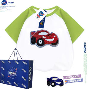 NASA Collaborative Summer Short Sleeve Pure Cotton Shoulder Insert T-Shirt for Boys Glitter Color Changing Car Design Streetwear