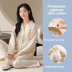 MiiOW | Pure Cotton Maternity Sleepwear Set Womens Spring Autumn Pregnancy Postpartum Nursing Clothes Home Suit V-Neck Long Sleeve