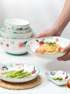 Antibacterial Ceramic Dining Set Thickened Microwave Resistant Dishwasher Safe Farmhouse Style Soup Bowl Rice Bowl Plate
