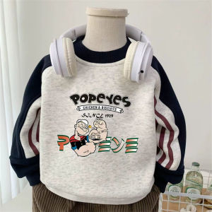 Cute Popeye Letter Printed Round Neck American Style Striped Contrast Plush Hoodie