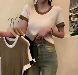 Baju Crop Top Lengan Pendek Kekinian Atasan Wanita Kombinasi Basic Korean Bahan Rajut Halus Tebal