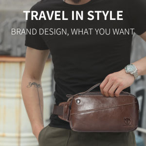 BULLCAPTAIN Waist Bag Mens Genuine Leather Bag Casual Retro Large Capacity Messenger Leather Handbag 7 Inch Mobile Phone Bag