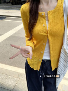 Korean Style Yellow Long Sleeve Knitted Cardigan Womens Slim Fit round Neck Winter Fashion Outerwear Short Length Solid Color