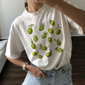 Ins Olive Graphic T-shirts Funny Women Cotton Short Sleeve Shirt Y2k Streetwear Summer Casual Creative Female Tops Tees Oversize
