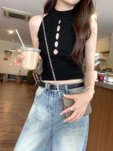 Thai Style Sleeveless Black Hot Girl Hollow out Knitted Vest Women Summer 2025 New Music Festival Clothing Small Vest
