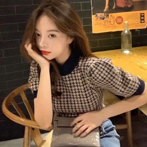 Short knitted sweater for women 2024 spring new style slim fit short-sleeved top sweater F1136