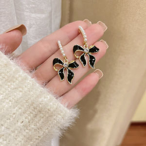 Elegant Black Bowtie Pearl Earrings Womens Fashion Jewelry Premium Sensation Trendy Accessory Light Luxury Clip-On
