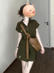 Loose Fit Womens Summer Shirt Shorts Two-Piece Set Casual Short Sleeve Polo Neck Polyester Spandex Blend Deep Green Color