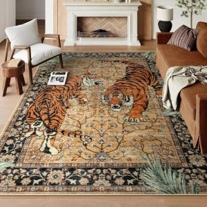 VIKAMA Vintage Jungle Tiger Rug Non Slip Durable Large Living Room Sofa Coffee Table Rug Bedroom Decorative Floor Mat