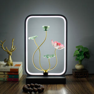 New Chinese Style Retro Table Lamp Bedroom Bedside Lamp Ins Living Room Zen Bedside Table Study Lotus Flower Night Light Decoration
