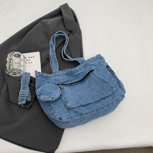 Casual Denim Shoulder Bag Womens Large Capacity Fashionable Crossbody Bag Handbag Soft Handle Commuter Zipper Closure Tote Bag