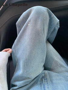 La Chapelle American Style Heavy Duty Rhinestone Denim Pants Womens Loose Wide Leg Jeans Casual High Waist Cotton Blend