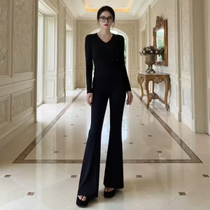 Set áo cổ tim tay dài kèm quần dài ống loe KVYBODY S53 chất thun cotton borip lụa dày mịn co giãn