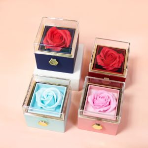 QIANHUAHOU Eternal Rose Rotating Jewelry Box Soap Flower Transparent Lid Ring Box Creative With Gift Bag Necklace Storage Case Wedding Party