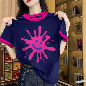 เสื้อยืดแขนสั้นผ้าฝ้ายแท้สำหรับผู้หญิง ทรงหลวม สไตล์เกาหลี ลายพิมพ์ แฟชั่นฤดูร้อน เสื้อผ้าทำงาน แขนสั้น ปกติ