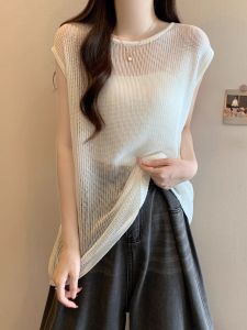 AIYITI | Summer Thin Hollow Out Vest Cover Up Knitted Ice Silk Loose Fitting Sleeveless Womens Plus Size Clothing Belly Cover Top