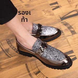 รองเท้าหนังผู้ชายแบบสวมเท้ารองเท้าผู้ชายสำหรับช่างทำผมลำลองเสริมความสูงด้านในแมทช์ง่ายสไตล์เกาหลีอังกฤษใส่ไปไนต์คลับอินเทรนด์สำหรับผู้ชายหัวแหลมสีทอง