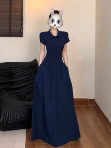 Karrar betsey | Elegant Blue Polo Collar Short Sleeve Slim Fit Women Dress