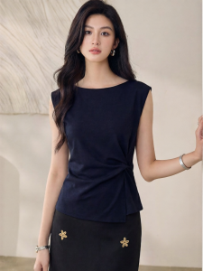 Roey s house | High-end Casual Wrinkle Deep Blue Sleeveless Waist-accentuating Knit Top Summer