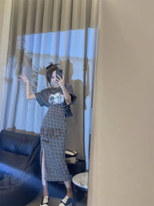 High Waist Printed T-Shirt Short Sleeve round Neck Womens Spring Summer Fashion Set with Asymmetrical Skirt Letter Design