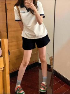 Quần Short Thể Thao Thường Ngày Màu Đen Bằng Cotton Nguyên Chất Cạp Cao Mùa Hè Cho Nữ Quần Dài Ống Rộng Rộng Rãi Mỏng Dáng Chữ A Quần Ba Điểm