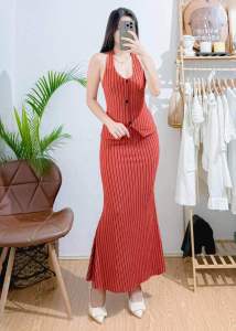 Zobel Halter Neck Breasted Vest and stripe Mermaid Skirt terno