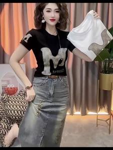 Short Sleeve Design Printed T-shirt For Women Black
