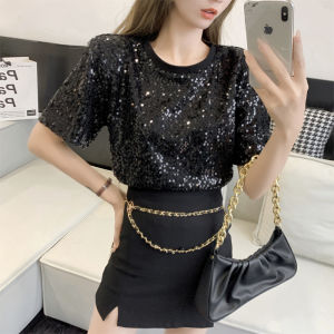 Black Shiny Sequin Womens Short Sleeve T-shirt Fashionable Korean Style Loose Fit Summer Top Bright Sparkling Creative Design