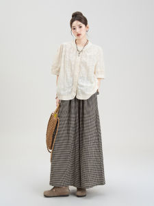 Nurture One | Bộ Áo Sơ Mi Caro Vintage Tay Ngắn Thêu & Quần Ống Rộng Cotton Linen