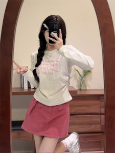 Gray Long Sleeve Flocking T-Shirt Women Early Autumn Thin Type Slimming Sweet And Spicy Shoulder round Neck Short Top Women