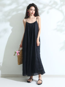 Miccbeirn | Pure Flax Slip Dress With Fine Sparkle Gold Spray French Elegant Slimming Drapey A-Line Holiday Style Knee-Length Maxi Skirt