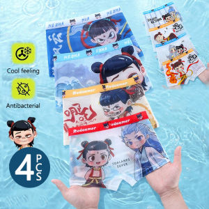 KUCHAR 4PCS Children Ice Silk Modal Boys Boxer Shorts Cartoon Nezha Ao Bing Thin Flat Angle Underwear Comfortable Breathable Innerwear
