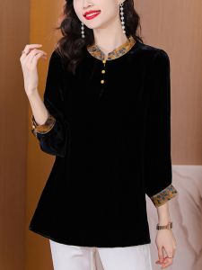 Gold Velvet Womens Shirt Mid-Year Fashionable Base Layer Top Large Size Mommy Elegant Small Shirt Spring Autumn New Arrival