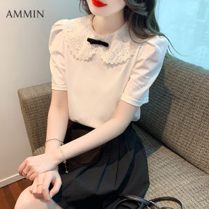 AMMIN เสื้อสวมหัวคอกลมลายโบว์สำหรับผู้หญิงเสื้อเบลาส์สง่างามแบบลำลองแขนสั้นกลวงลายดอกไม้พร้อมตะขอปักหวานๆแฟชั่นเสื้อยืดผ้าฝ้ายผู้หญิงสไตล์ฉบับภาษาเกาหลีใหม่ฤดูร้อน