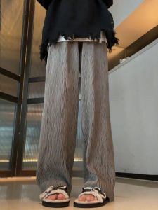 Trendy American Style High Waist Wide Leg Jeans Womens Floor-Length Slimming Vertical Stripes Straight Cut Denim Pants