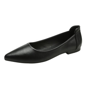 Comfortable Soft Leather Flat Heels Work Shoes for Women Black Pointed Toe Slip-On Anti-Slip Long Standing No Fatigue Footwear