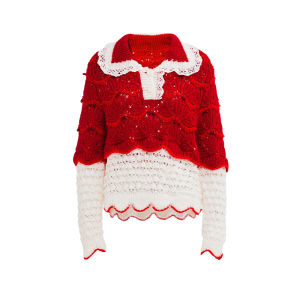 XIAOLI | Autumn Hand-beaded Polo Neck Lace Hollow Sweater
