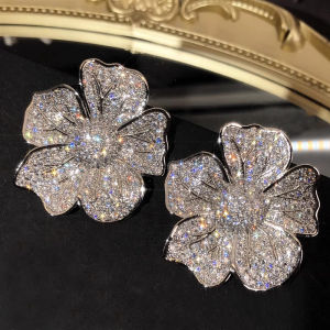 Huitan Aesthetic Big Flower Design Earrings for Women Full Bling Iced Out CZ Sparkling Female Earrings Wedding Trendy Jewelry