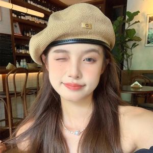 Spring Autumn Metal Vintage PU Leather Brim Knitted Painter Hat Breathable Summer Cap Womens Face Slimming Casual Style