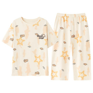 miiow | Pure Cotton Short Sleeve Sleepwear Set For Women Summer New Style Comfortable Home Clothes Large Size Seven-Foot Pants